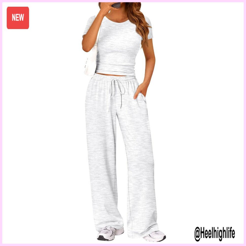 Rayon-Spandex Lounge Set, Wide Leg Pants, Crop Top, Side Ruching, Adjustable